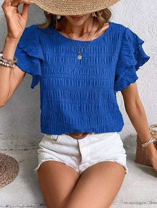 Blue Textured Ruffled Sleeve Blouse