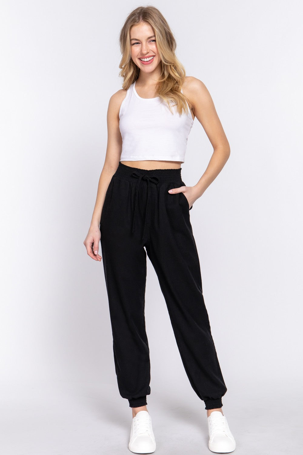 Smoked Waist Linen Jogger Pants