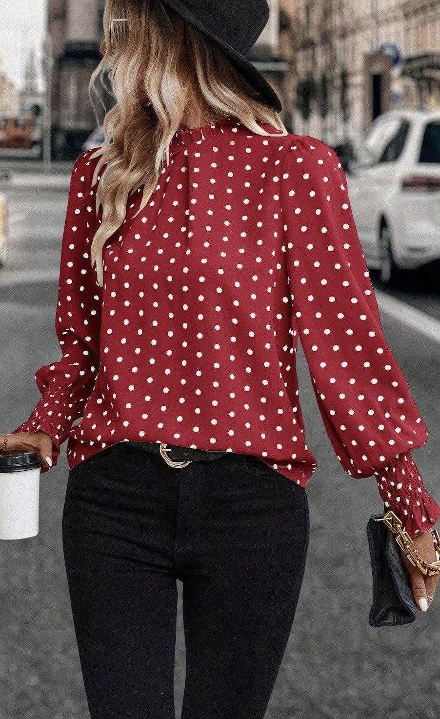 Red Polka Dot Lantern Sleeve Blouse
