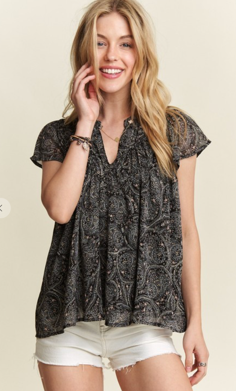Adora Black Paisley Ruffle Blouse