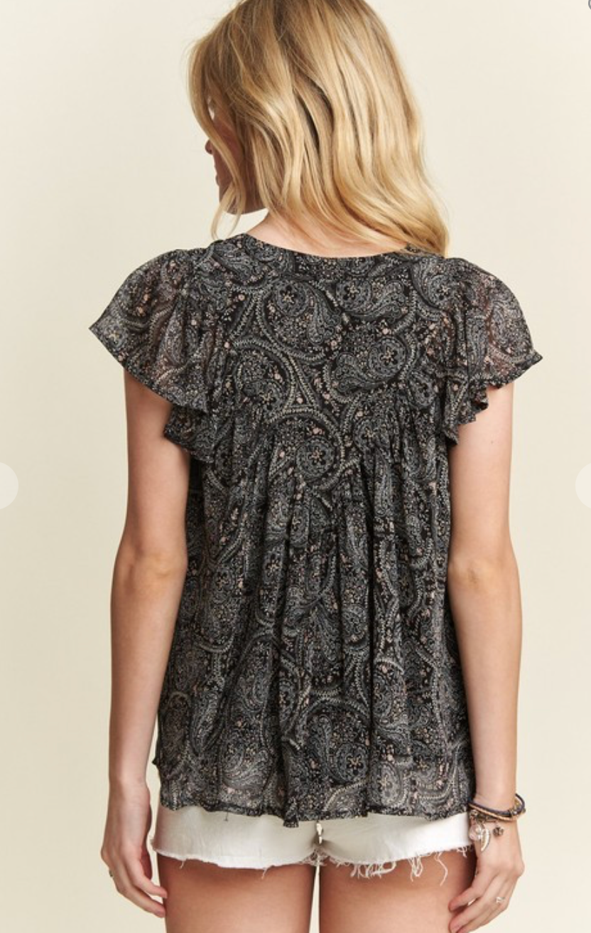 Adora Black Paisley Ruffle Blouse