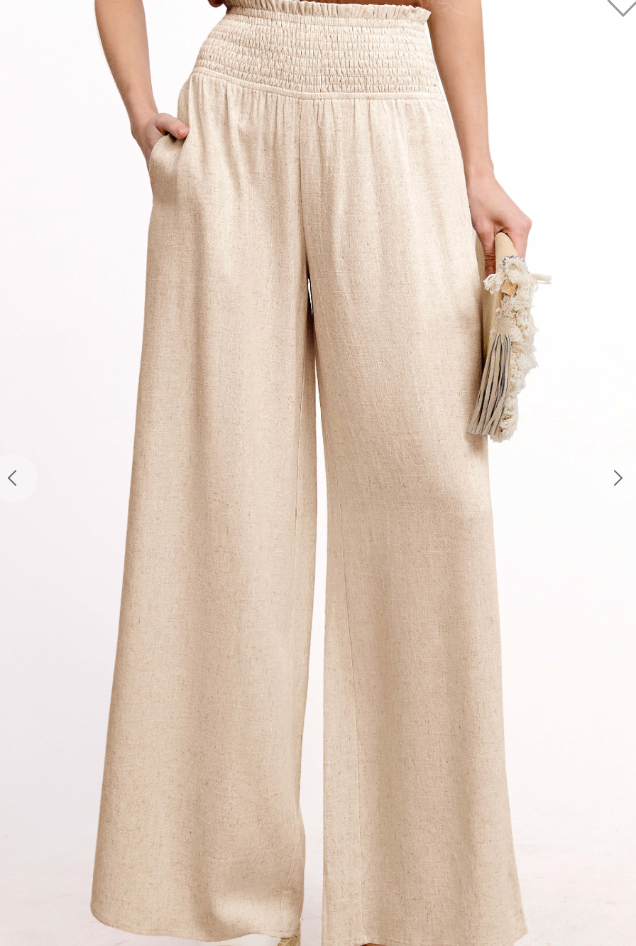 La Miel Oatmeal Wide Leg Linen Pants