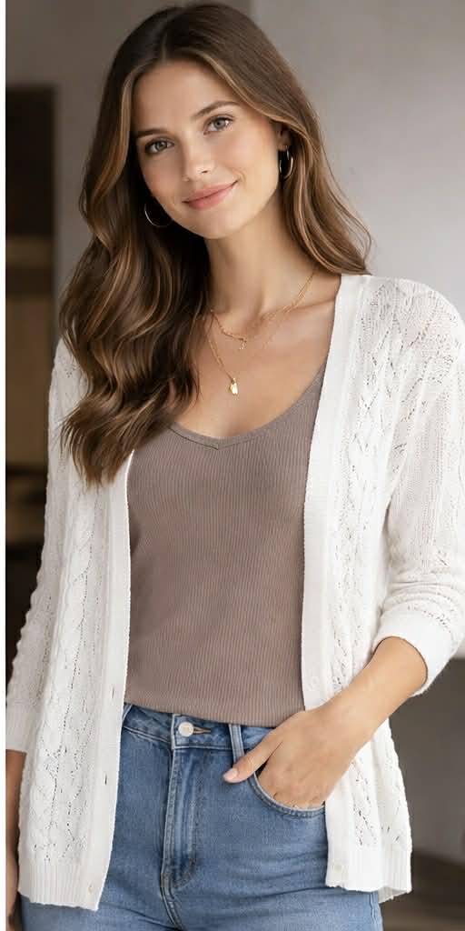 White Knit 3 Qaurter Sleeve Cardigan