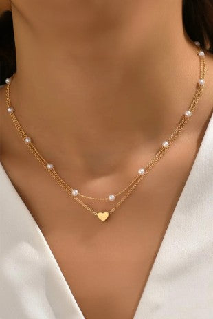 Gold Plated Heart Pearl Detail Layered Necklace