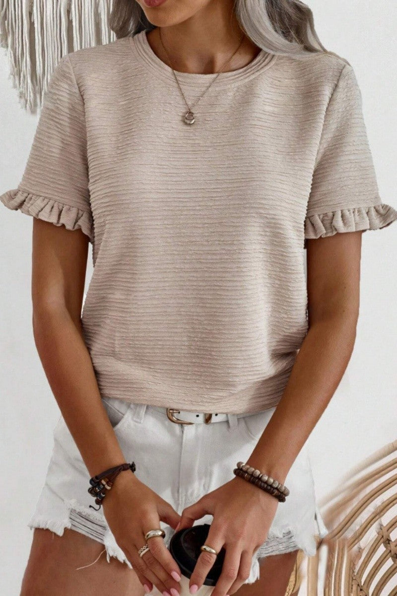 Khaki Ruffle Sleeve Round Neck Top