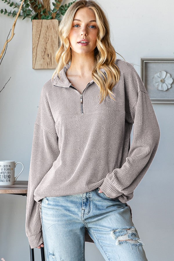 Oatmeal Ribbed 3/4 Zip Hoodie