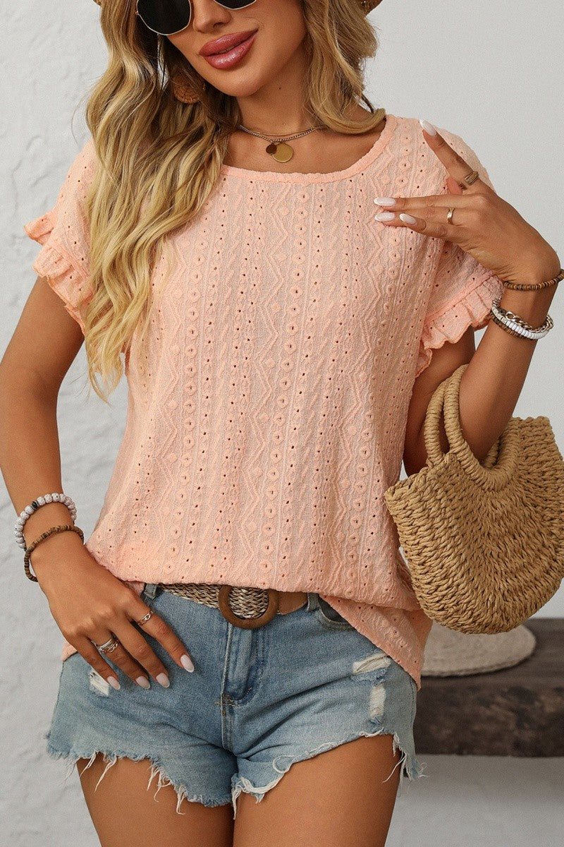 Light Orange Eyelet Ruffle Sleeve Blouse