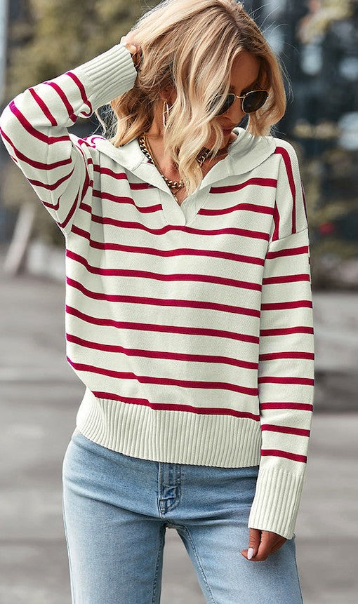 V-Neck Red Striped Sweater