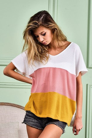 Waffle Knit Color Block Top